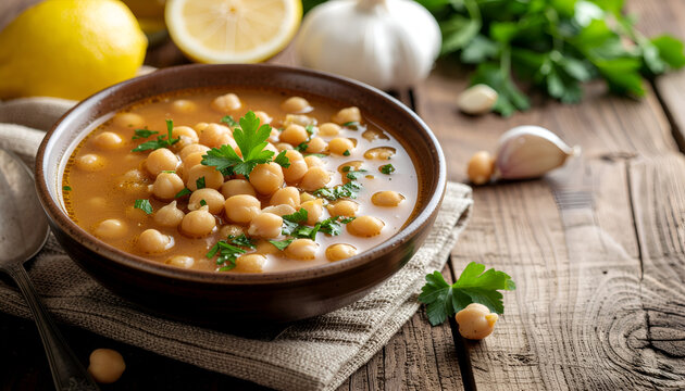 Rustic bowl of chickpea soup with parsley garnish on wooden table.