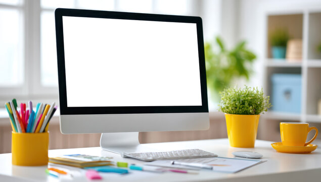 Modern computer monitor mockup template showing white on a desk