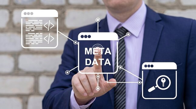 Developer using virtual touch screen presses inscription: METADATA. Web program metadata coding technology. SEO Meta Data Optimization concept. technology, meta, datum