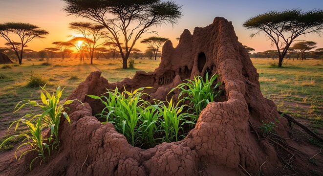 African termite mound with plants and trees at sunset.