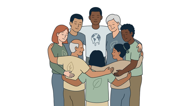 A diverse group of people of various ages and ethnicities stand in a circle, embracing each other, wearing shirts with environmental symbols.