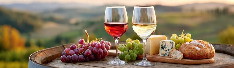 Naklejka premium Wine Tasting Experience With Red And White Wine, Grapes, Cheese, And Bread On A Barrel In A Vineyard