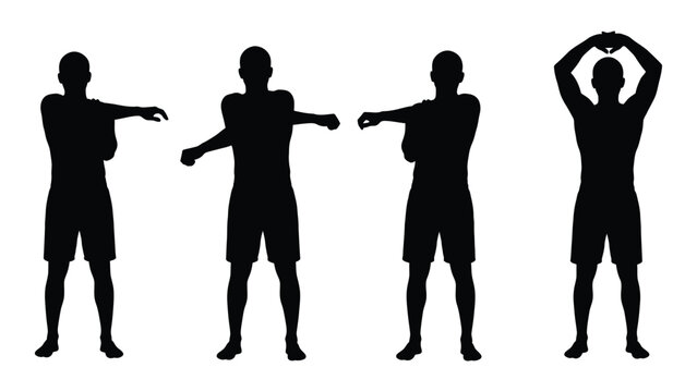Four silhouettes of men demonstrating different stretching or exercise poses high quality