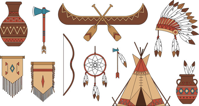Native American Tribal Object Collection Featuring Canoe, Teepee, Dreamcatcher, Headdress, Bow, Axe, and Traditional Ornaments for Cultural and Ethnic Design Projects.