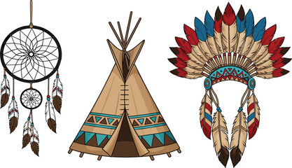 Native American Cultural Illustration Set Featuring Dreamcatcher, Teepee Tent, and Feather Headdress with Traditional Tribal Patterns for Heritage and Ethnic Design Projects. © MstSuborna