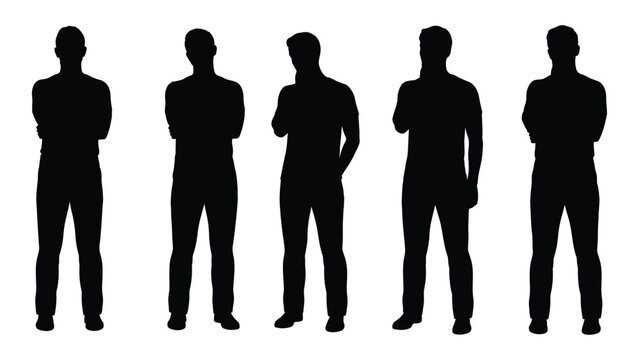 A row of five silhouetted men standing side by side against a white background
