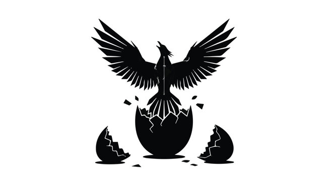 Powerful black bird emerges from a cracked egg, symbolizing rebirth and new beginnings.