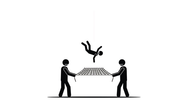 Two people hold a net to catch a falling person in a minimalistic illustration.