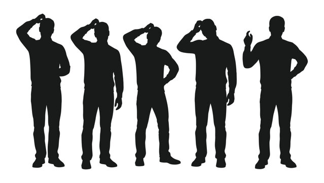 Silhouettes of five men in various thinking or questioning poses against a white backdrop