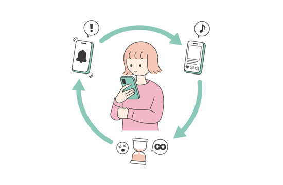 通知からSNSへつい見てしまうスマホ依存のループ フラットイラスト