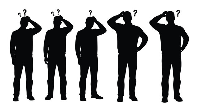 Silhouettes of five men scratching their heads in a questioning pose