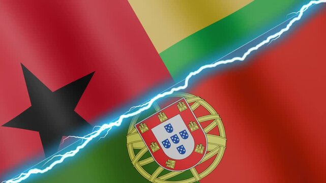 Two waving flags Guinea Bissau and Portugal with diagonal lightning seamless, 4k loop