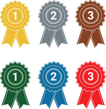 Achievement award ribbons set in gold silver bronze and primary colors for first second and third place winners.
