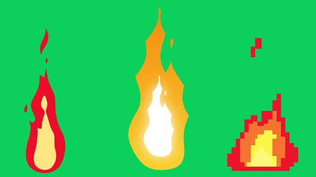 Professional 2D fire animation set featuring three distinct styles including cartoon flat design, glowing orange flames, and retro 8-bit pixel art fire on a green screen for video editing