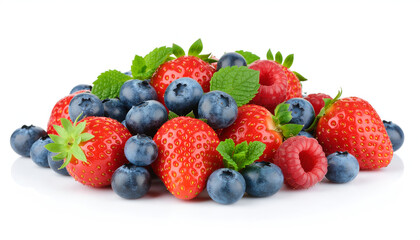 Obraz premium Fresh strawberries blueberries and raspberries with mint leaves isolated on white.