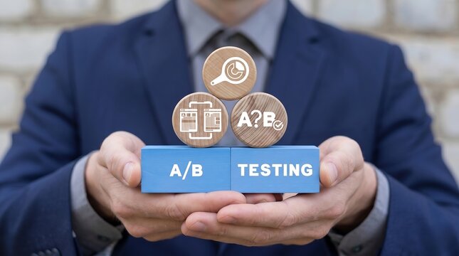 Man holding colorful styrofoam blocks sees inscription: A/B TESTING. AB testing wireframe campaign for web website home homepage. AB Testing Method. Internet pages A-B comparison and split testing new