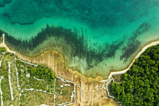 Aerial view of the rugged coastline where the turquoise sea meets the land, creating a striking contrast of colors and textures, Tribunj, Sibenik-Knin County, Croatia.