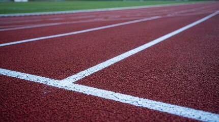 Fototapeta premium Professional Red Synthetic Running Track with White Lane Markings, Close-Up Low Angle View of Athletics Track Surface with Blurred Stadium Background