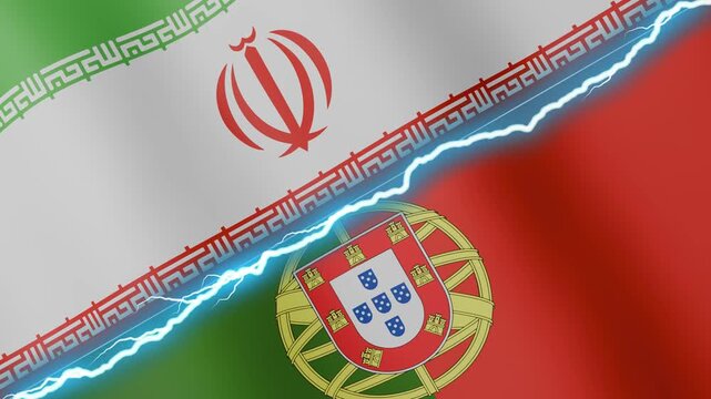 Two waving flags Iran and Portugal with diagonal lightning seamless, 4k loop