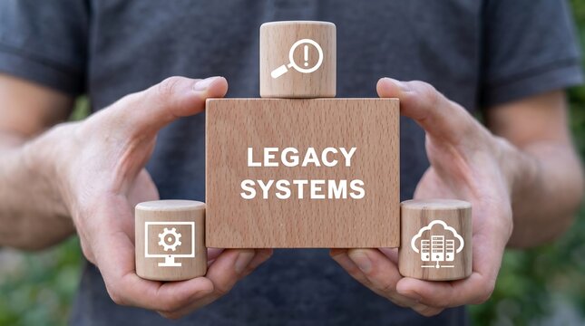 Man holding wooden blocks sees inscription: LEGACY SYSTEMS. Legacy System Business Technology Interoperability Modernization concept. bequest, system, technology