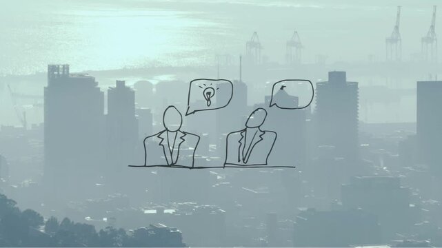 Two drawn suit figures appearing after pen drawing line, trading idea for money over hazy skyline