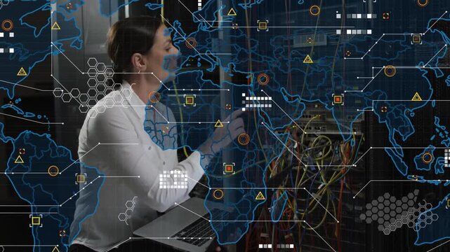 Woman network tech running diagnostics tracing yellow cable reseating ports overlay mapping network