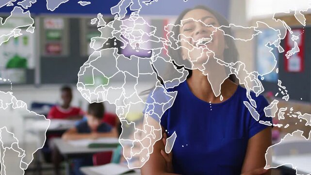 Teacher standing arms folded as world map fading and moving over torso, students writing for school