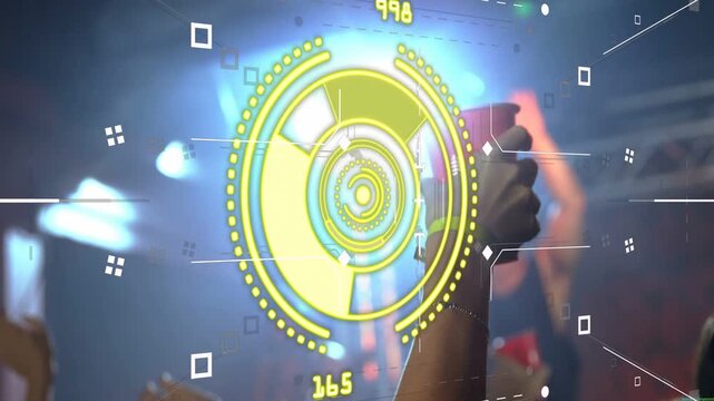 Forearm lifting red cup into frame at concert, HUD overlay locking onto cup tracking fan engagement