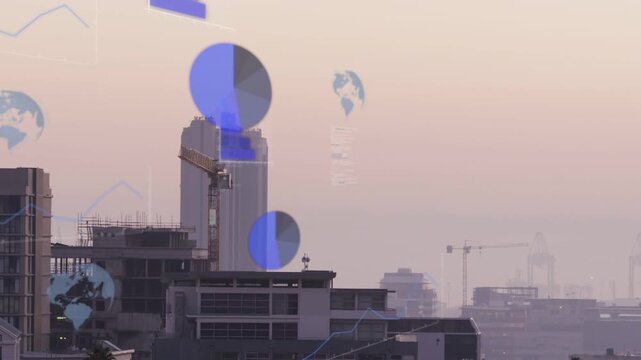 Central high-rise under construction receiving descending blue infographics showing project charts