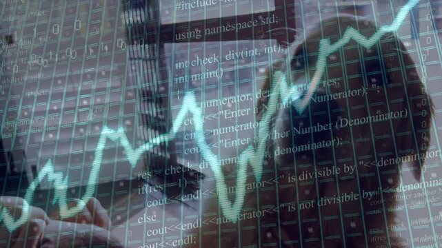 Vertical video: Turquoise graph rising over grid female reflecting on screen typing code for tech