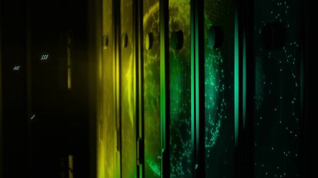 Lighting shifting, metal slats revealing green-blue globe while glyphs and sparks drifting for UI