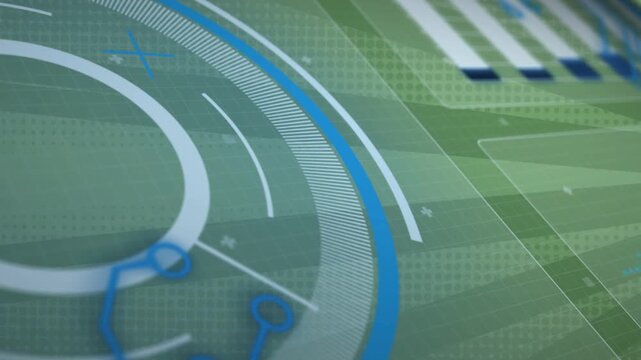 On camera pan, concentric ring UI shifting right, ticks rotating, nodes appearing, showing details