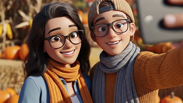 Animated couple taking a selfie in a pumpkin patch, wearing scarves and smiling broadly
