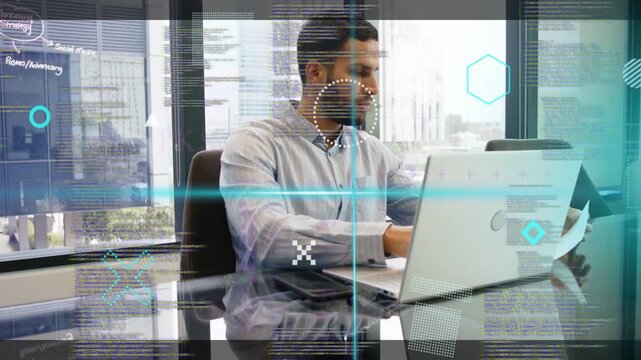 Man starting checking and scanning paper, typing on laptop as HUD overlays reflecting for business