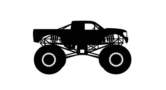 Silhouette of a powerful monster truck with oversized wheels and suspension system, ready for action.