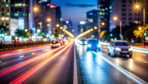 Night city boulevard traffic with colorful light trails.