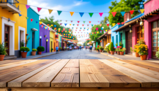 Wooden table overlooking colorful festive street with bunting flags in sunny colonial town.