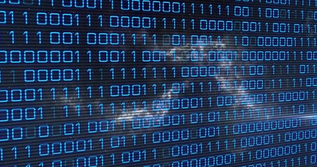 Fototapeta premium Scrolling rows of blue binary digits filling ribbed virtual display at data hub, with nebula cloud