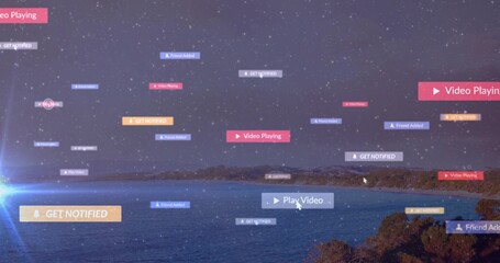 Fototapeta premium Floating UI tiles drifting over coastal night scene, showing pointer cursor, lens flare and ocean