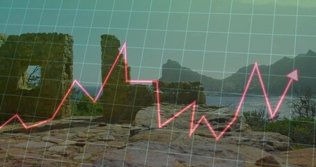 Naklejka premium Framing stone ruins on cracked rocks, showing calm bay, mountains, grid and neon pink line graph