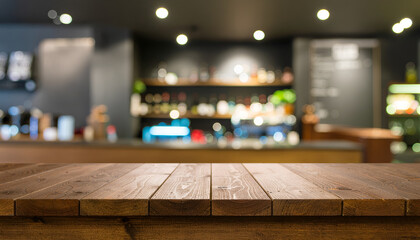 Fototapeta premium Empty wooden table with blurred cafe bar background.