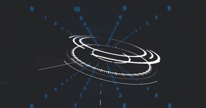 Rotating central HUD rings projecting depth in simulated 3D environment, with blue numeric markers