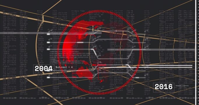 Rotating stylized red globe within dotted red ring in virtual HUD, showing hex wireframe, gold grid