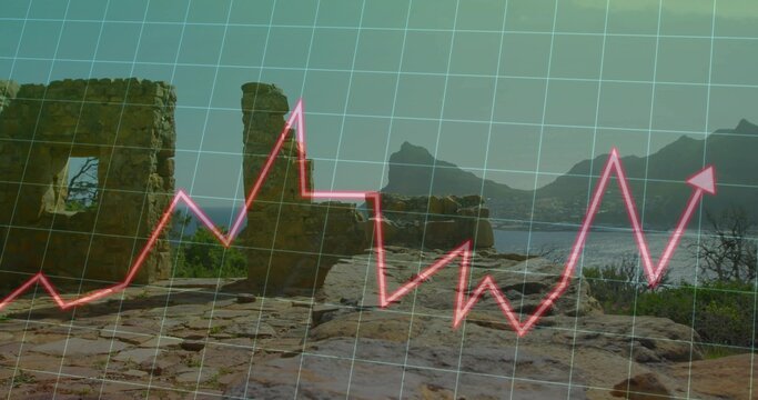 Framing stone ruins on cracked rocks, showing calm bay, mountains, grid and neon pink line graph