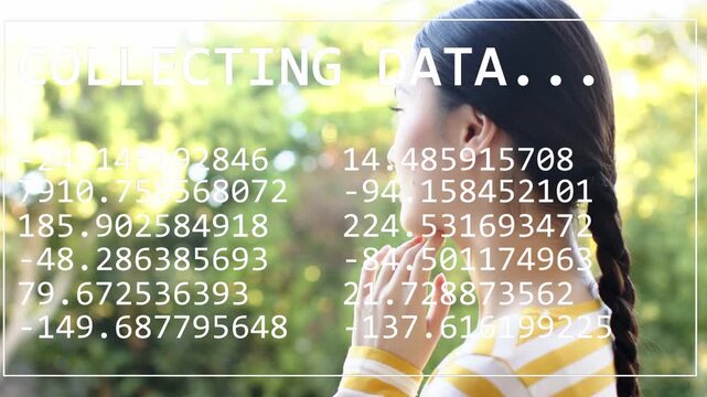 Woman with braid reacting to data overlay, turning, touching chin, smiling as numeric columns move