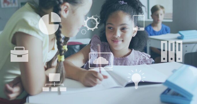 Writing student in light purple blouse interacting with classmate at desk, notebook and pen icons