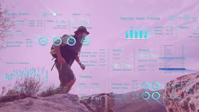 Hiker moving lunging landing rocks shifting tech HUD charts dials percent pack helping reach view