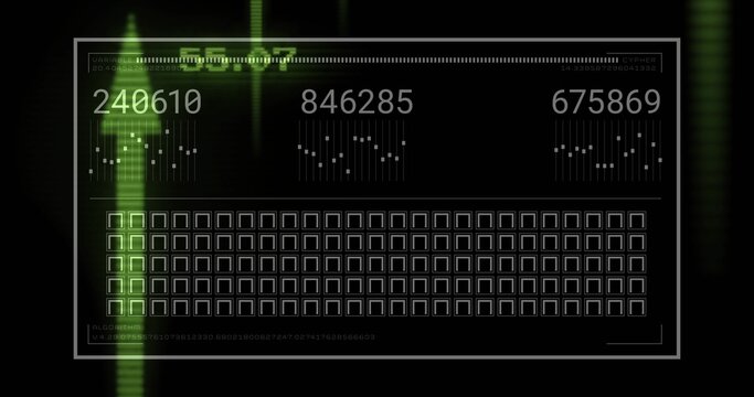Displaying HUD panel with three readouts and waveforms on black, green scanline marking left column