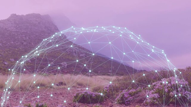 Timed faint web appearing near ground, geodesic dome forming and expanding, visualizing sensor data