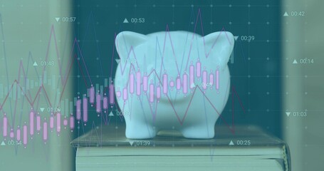 Naklejka premium Showing ceramic piggy bank sitting on closed book on desk, overlaying candlestick lines and times